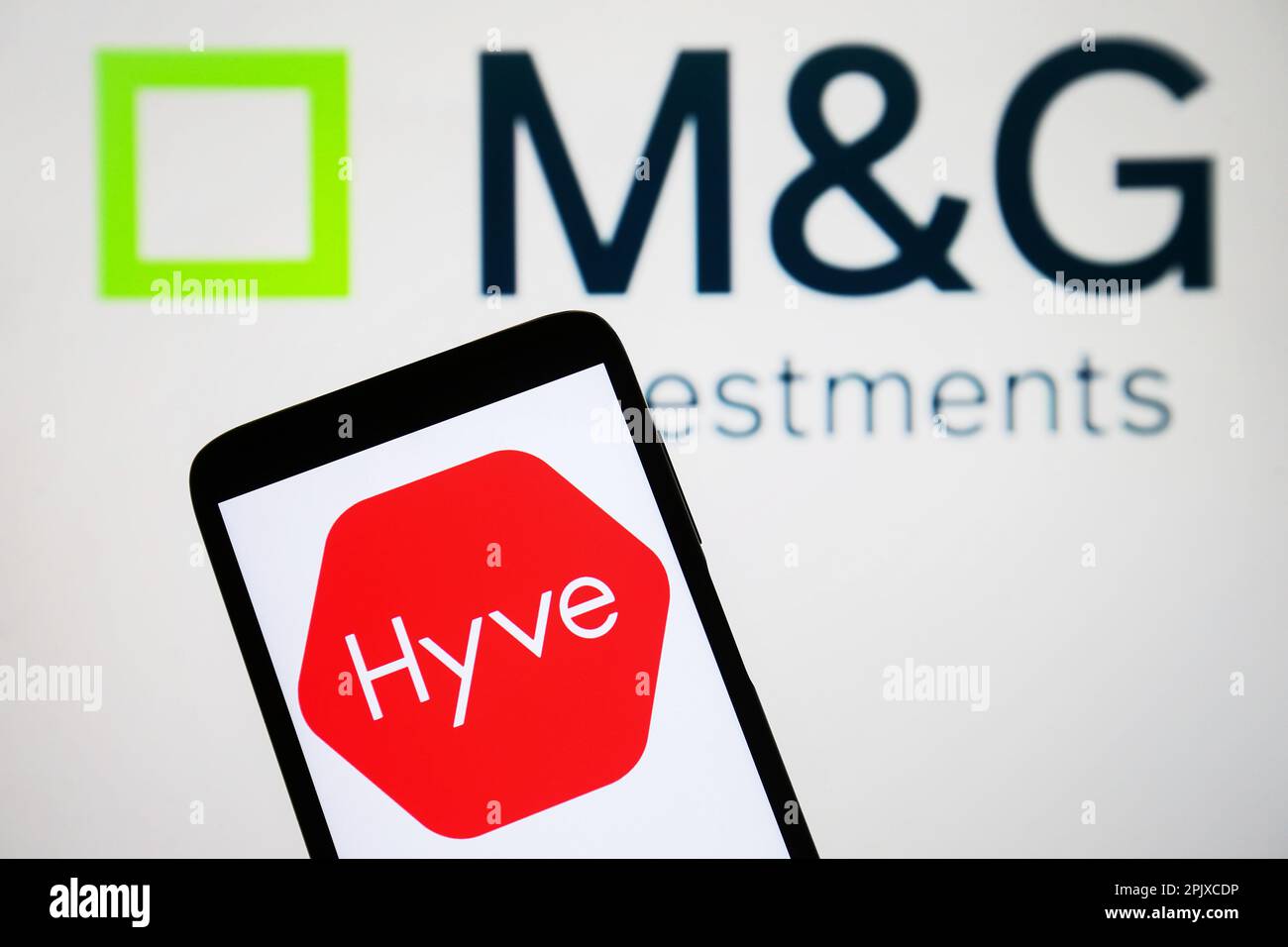Ukraine. 03rd Apr, 2023. In this photo illustration, a Hyve Group plc logo is seen on a smartphone and M&G International Investments Ltd. logo on the background. Credit: SOPA Images Limited/Alamy Live News Stock Photo