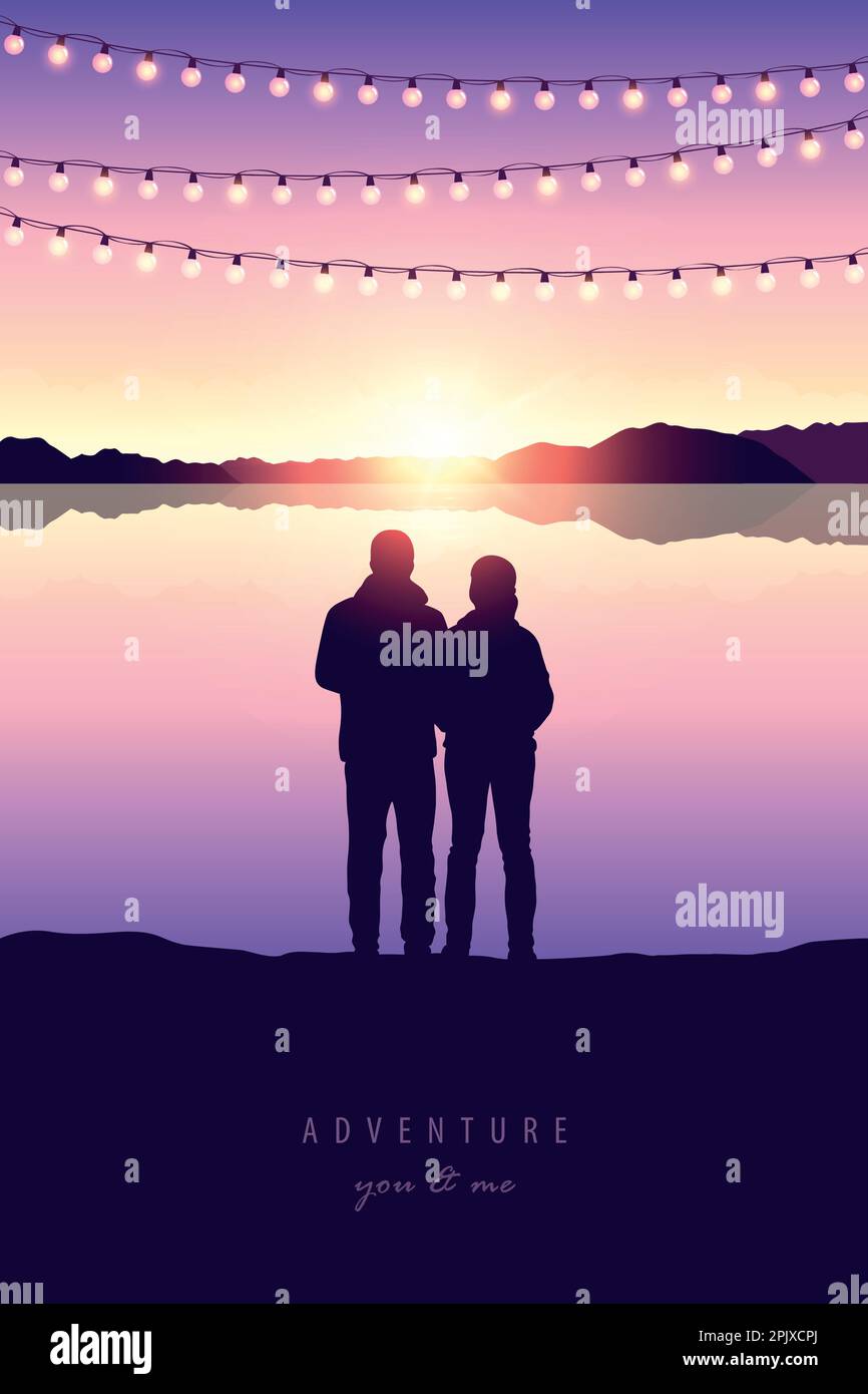 romantic couple silhouette by the lake at sunset Stock Vector Image ...