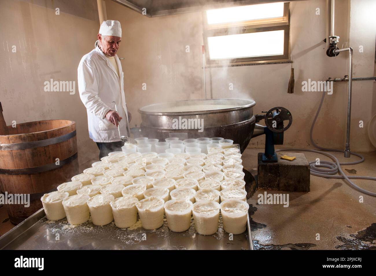 Making Ricotta cheese with milk from Modica cows at the Floridia dairy. Ispica, Ragusa, Sicily, Italy, Europe. Stock Photo