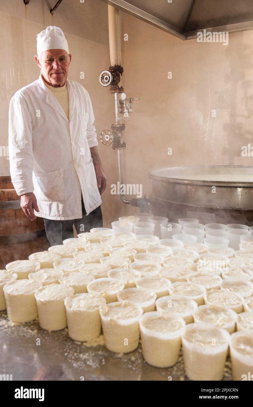 Making Ricotta cheese with milk from Modica cows at the Floridia dairy. Ispica, Ragusa, Sicily, Italy, Europe. Stock Photo