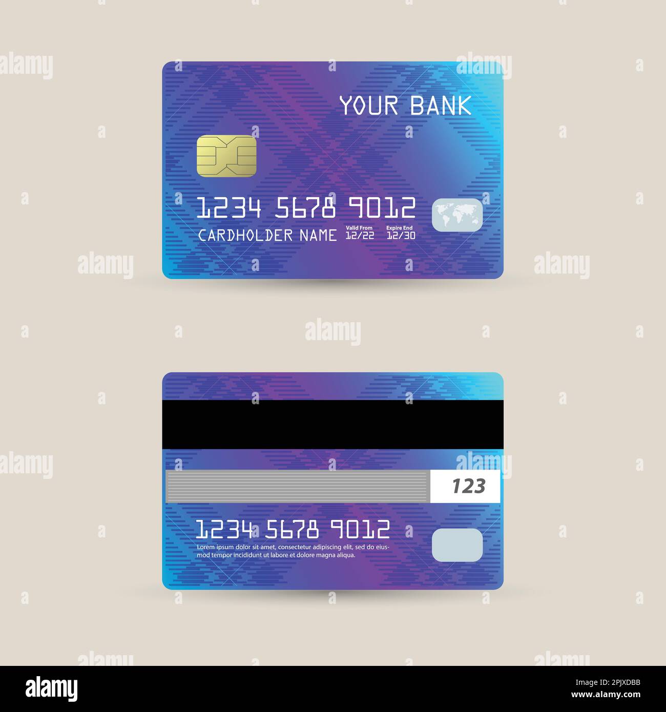 Set of Debit cards, Credit cards, and ATM cards. Front and back side Gradient template. Debit card. Vector illustration Stock Vector