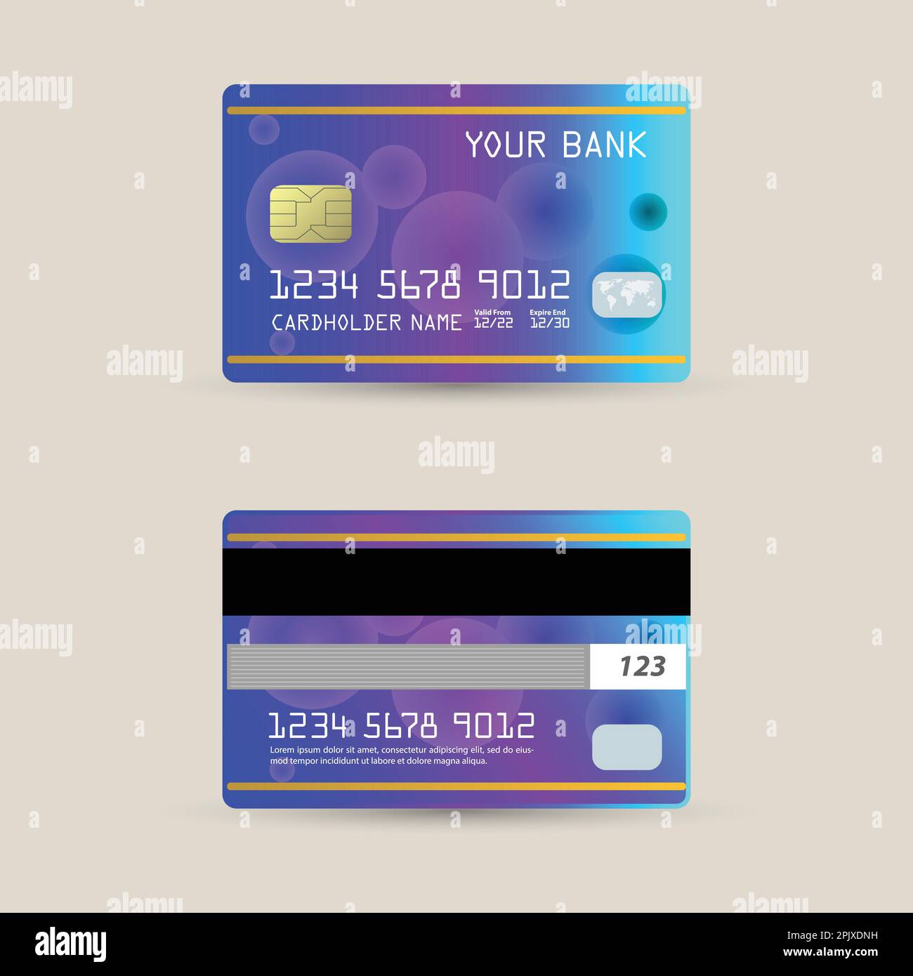 Set of Debit cards, Credit cards, and ATM cards. Front and back side Gradient template. Debit card. Vector illustration Stock Vector