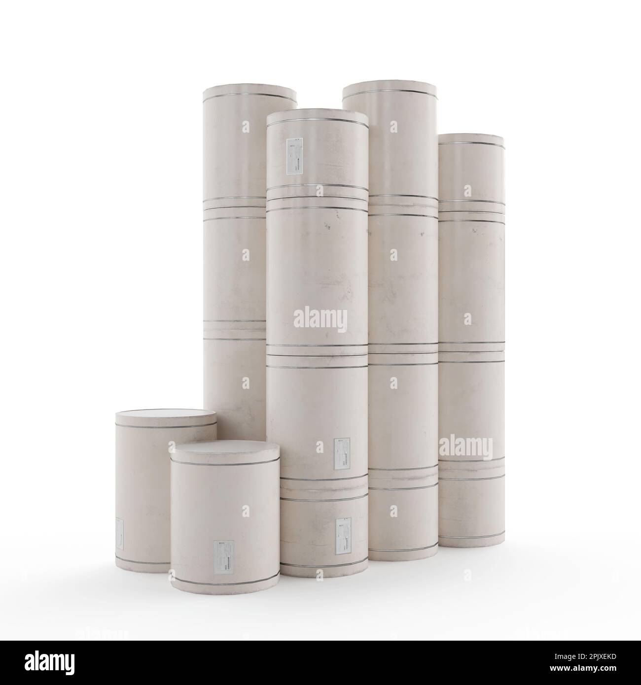 A 3D render of a stack of industrial white barrels on a pristine white