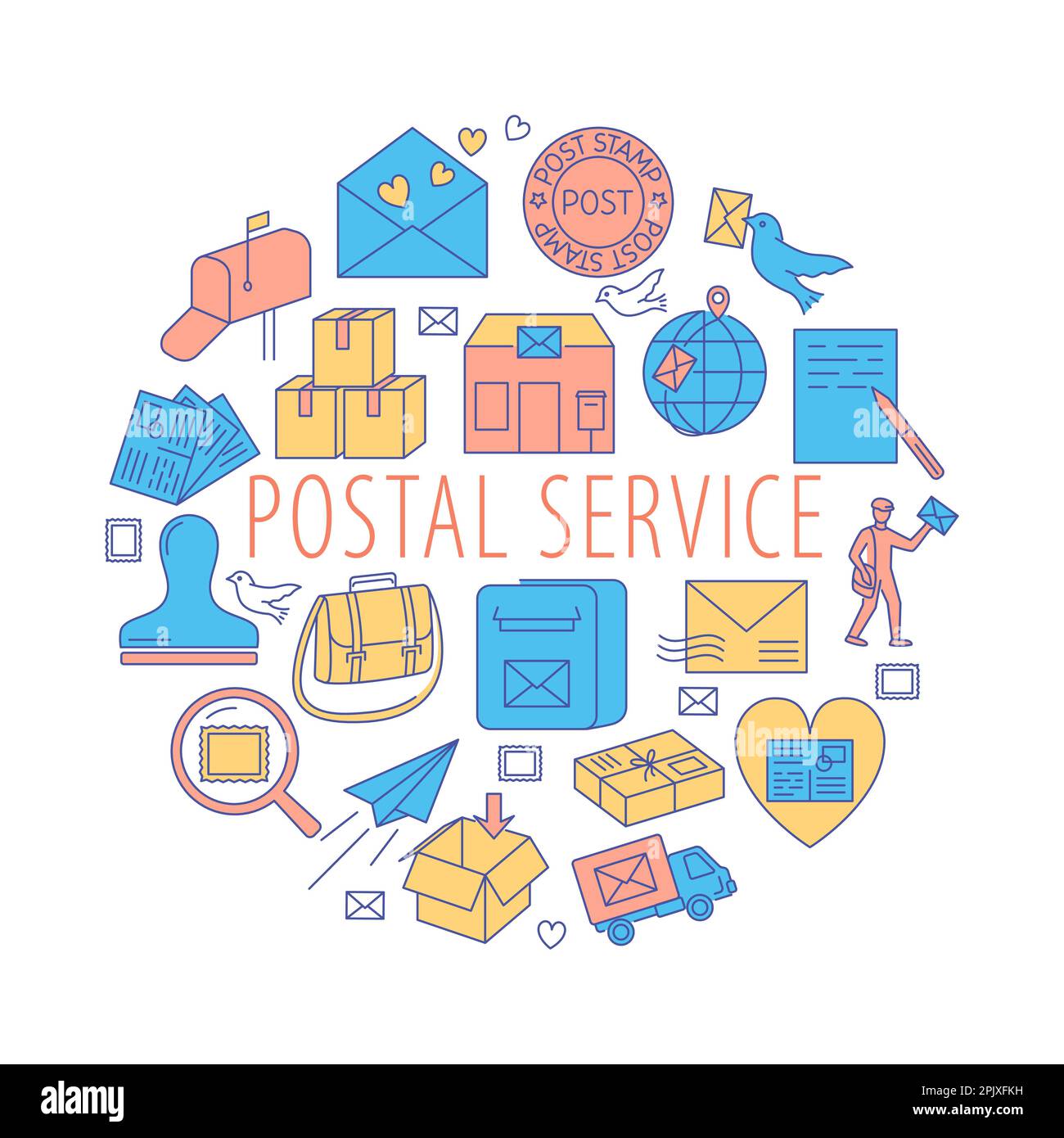 Postal service round poster in colored line style. Mail and parcels