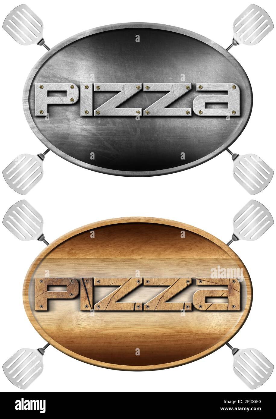 Metallic and wooden symbol with text Pizza and four spatulas, isolated on white background. 3D illustration. Pizzeria logo. Stock Photo