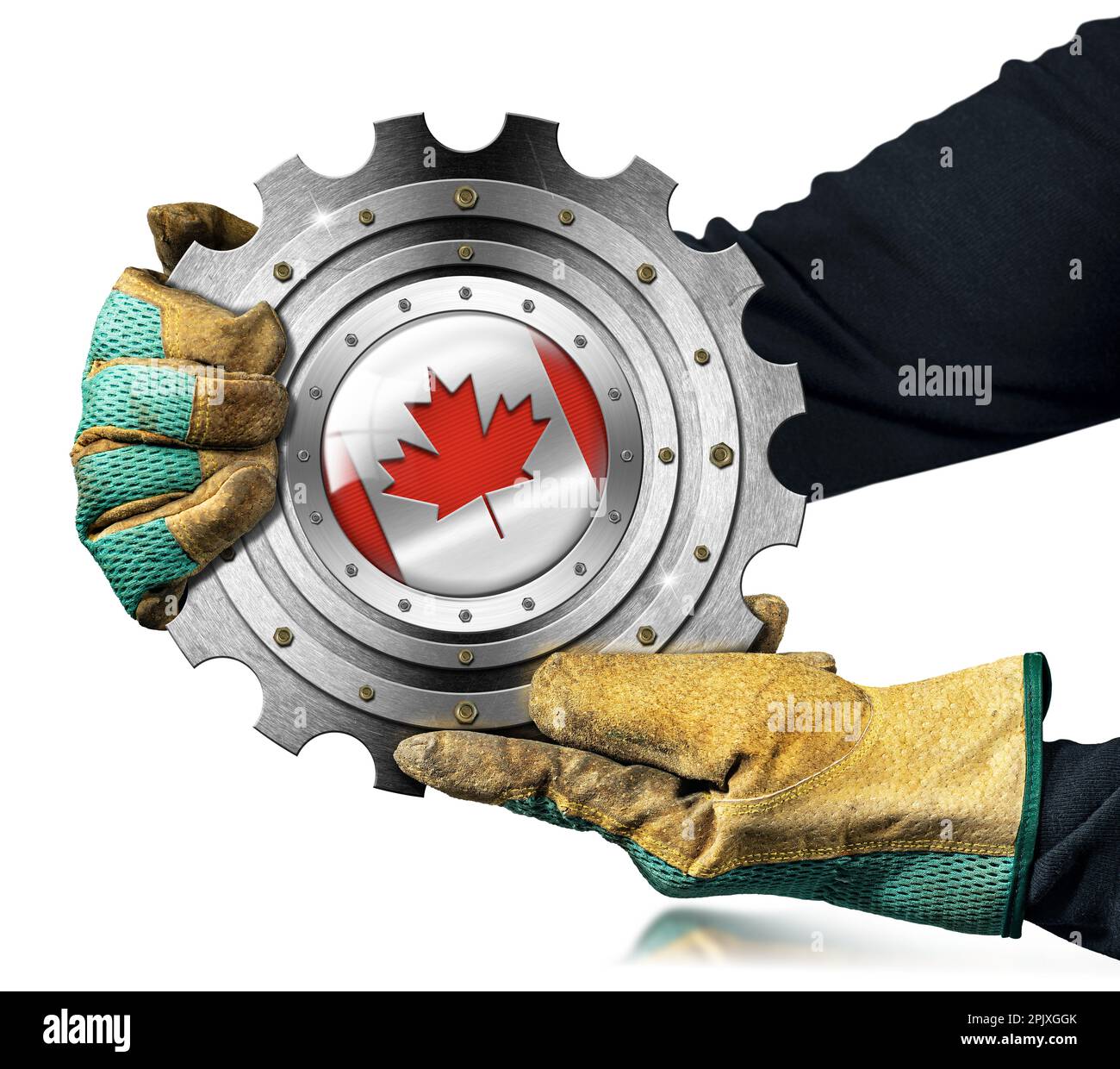 Manual worker with work gloves holding a metallic cogwheel (metal gear