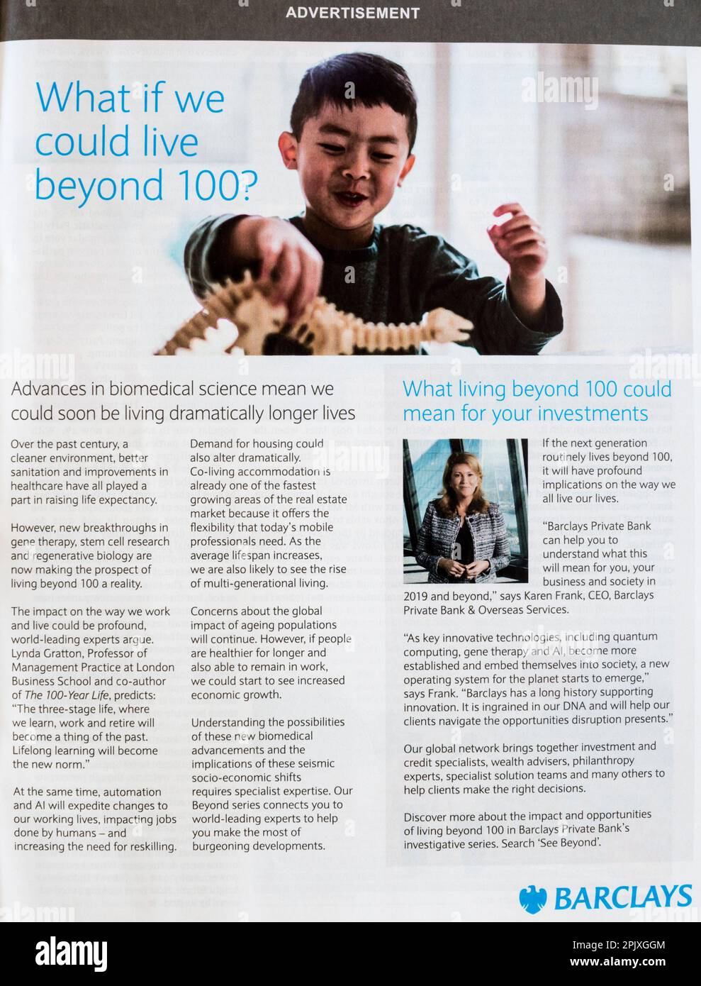 An advert for Barclays asks What if we could live beyond 100? And What living beyond 100 could mean for your investments. Stock Photo