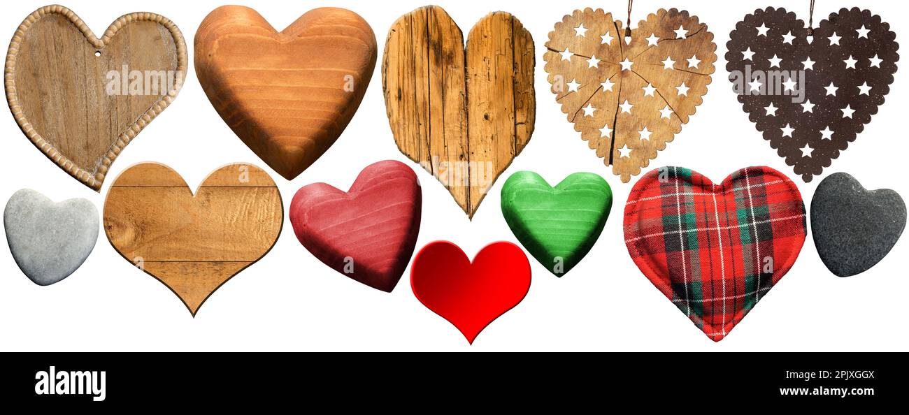 Group of hearts, made of wood, stone, cloth, metal and wood, isolated on white background. Stock Photo