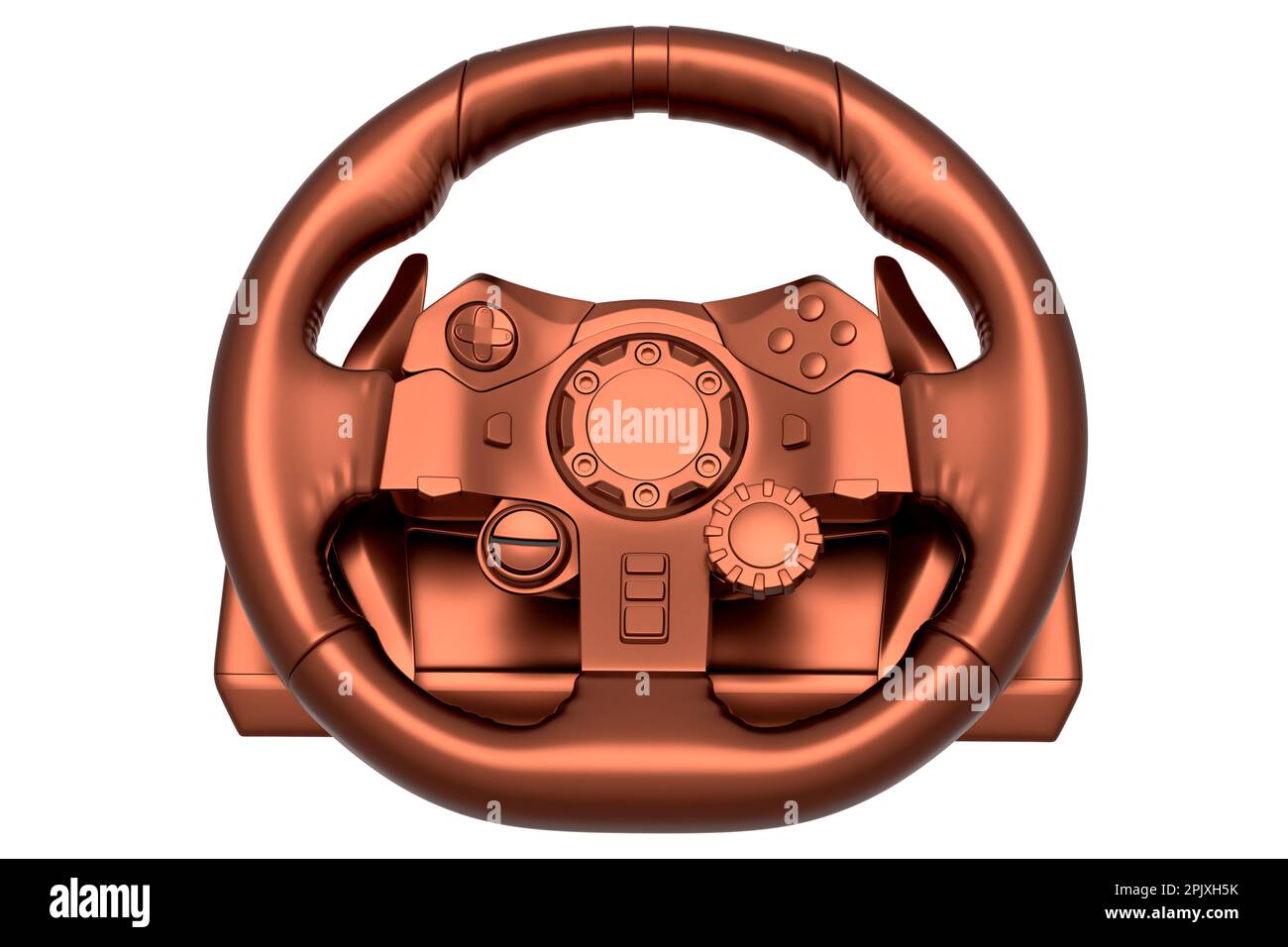 Realistic leather steering wheel with copper chrome texture on white