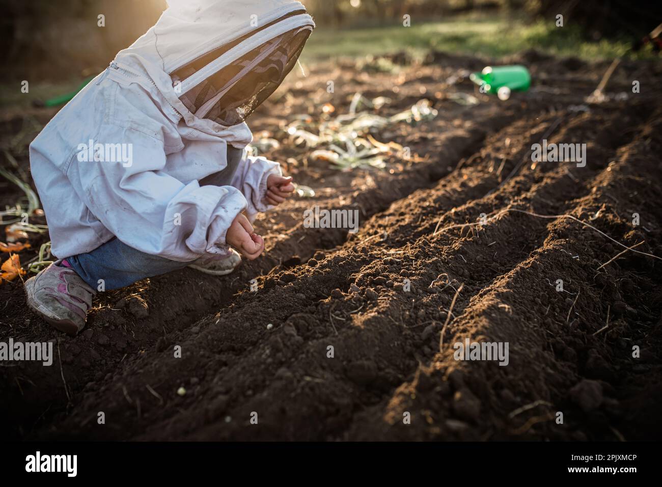 Beginning of new season. young gardener prepare soil and plant first