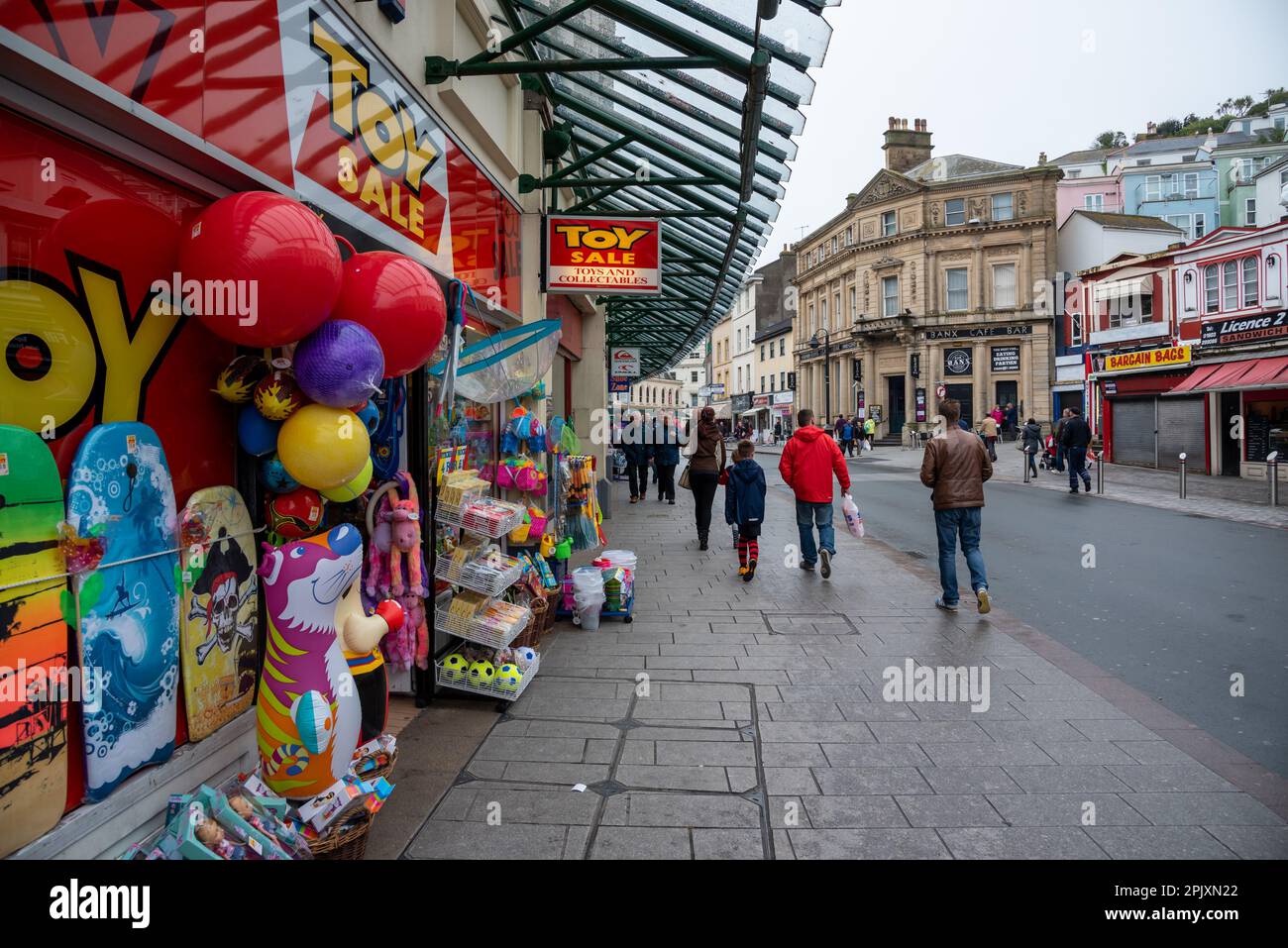 TORQUE,DEVON,ENGLAND-MAY 02,2015-Toys displayed for sale in front of a toy shop in Torque ,UK Stock Photo