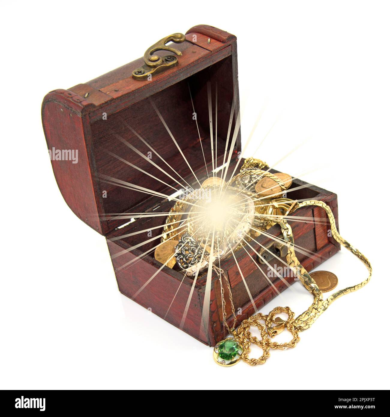 Treasure chest with jewelry and money made of precious metal Stock Photo