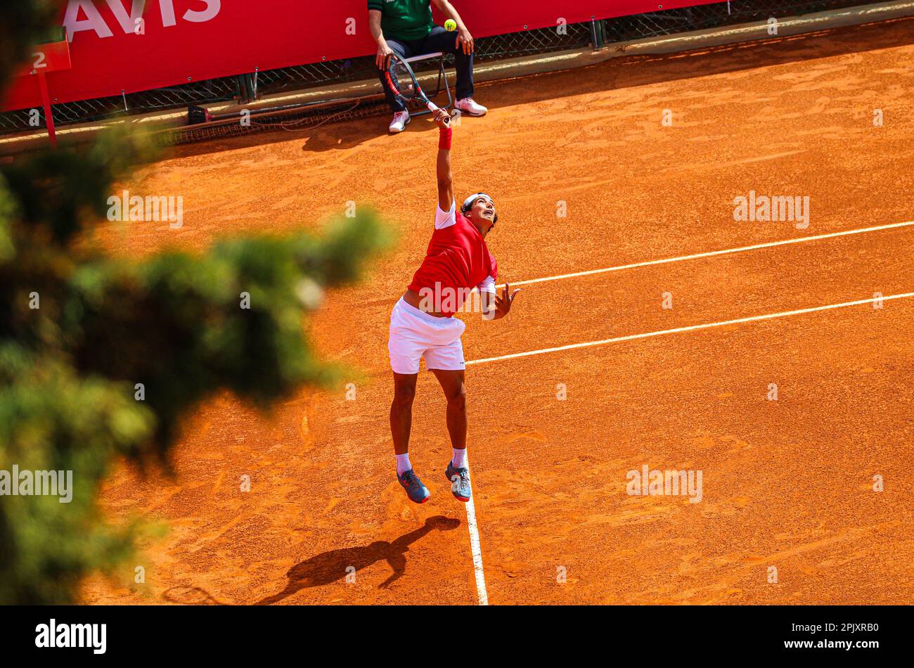 Estoril, Portugal. 04th Apr, 2023. Henrique Rocha of Portugal plays against Bernabe Zapata Miralles of Spain during the 1st round of the Millennium Estoril Open tournament at CTE- Clube de Ténis do Estoril. Final score; Bernabe Zapata Miralles 2:0 Henrique Rocha. (Photo by Miguel Reis/SOPA Images/Sipa USA) Credit: Sipa USA/Alamy Live News Stock Photo