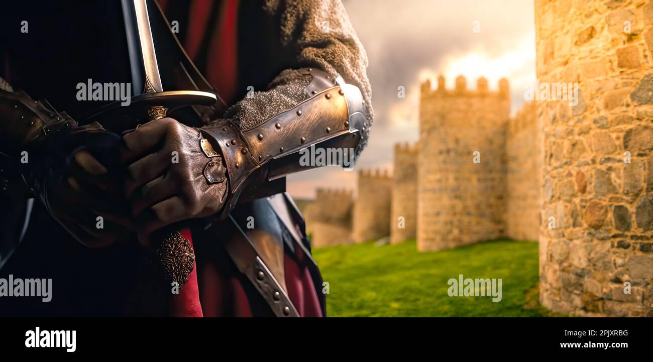 Medieval knight holding a sword with a castle in the background. Stock Photo