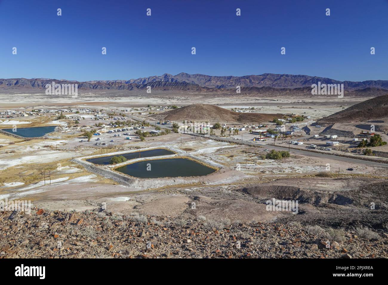 A view of the hot springs area of the Mojave Desert town of Tecopa in southeastern California. Stock Photo