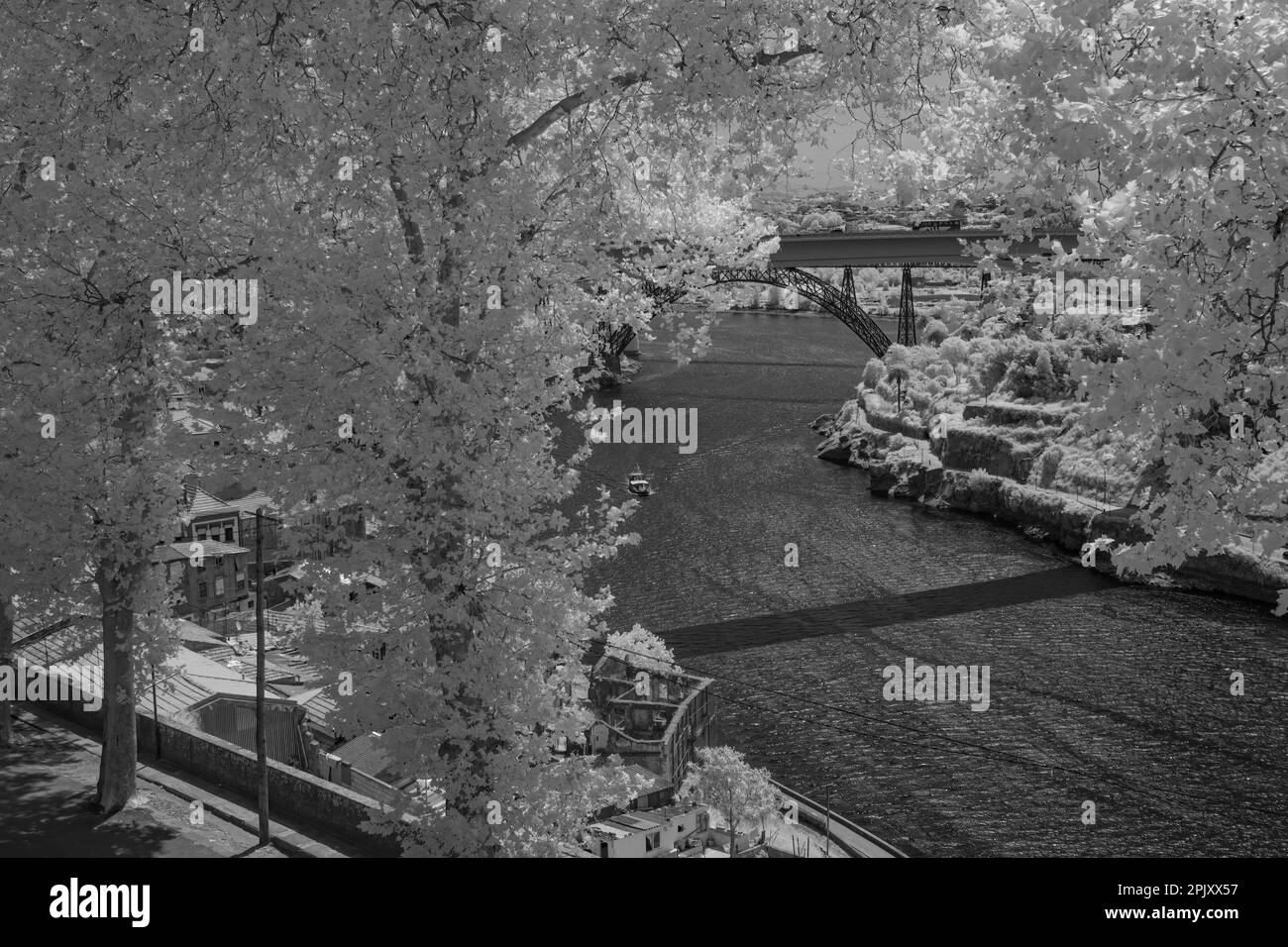 Douro river, Porto, Portugal, as seen from above. Used infrared filter