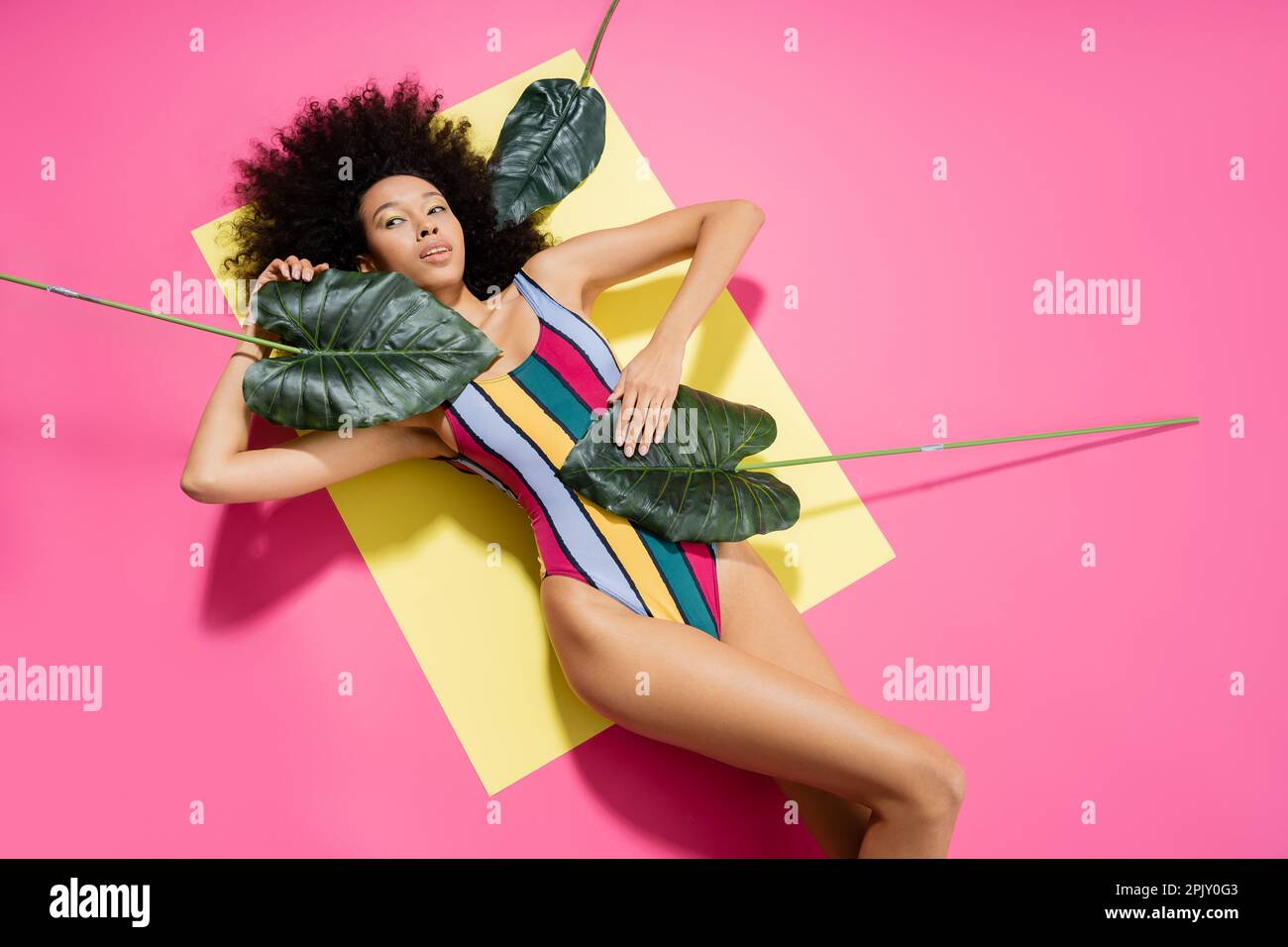 top view of curly african american woman in colorful swimsuit getting tan near green palm leaves on yellow and pink Stock Photo