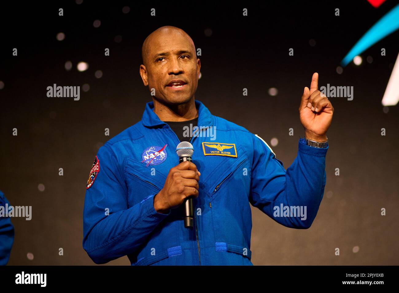 American astronaut Artemis II crew member, Victor Glover, gives remarks in Houston, U.S.A. 3 April 2023. Stock Photo