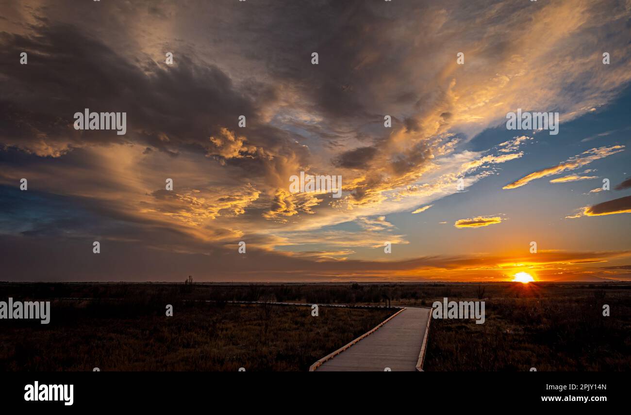 A beautiful sunset over a boardwalk at Bottomless Lakes State Park in southern New Mexico. Stock Photo