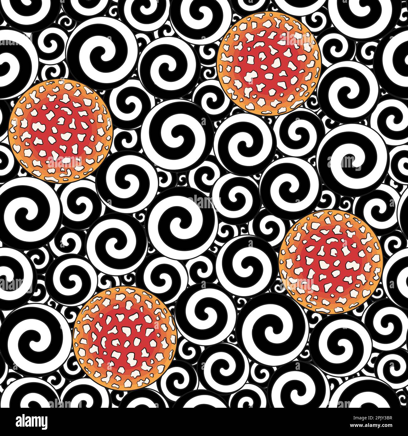Seamless pattern with black and white swirls and caps of fly agaric mushroom. Color vector background. Stock Vector
