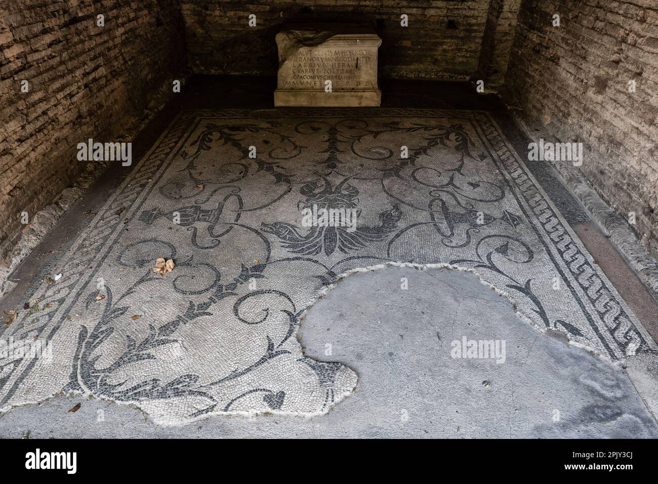 Ancient mosaic with god Oceanus at Horrea Agrippiana archaeological site under the Palatine Hill, built during the time of Augustus in Rome, Lazio, It Stock Photo