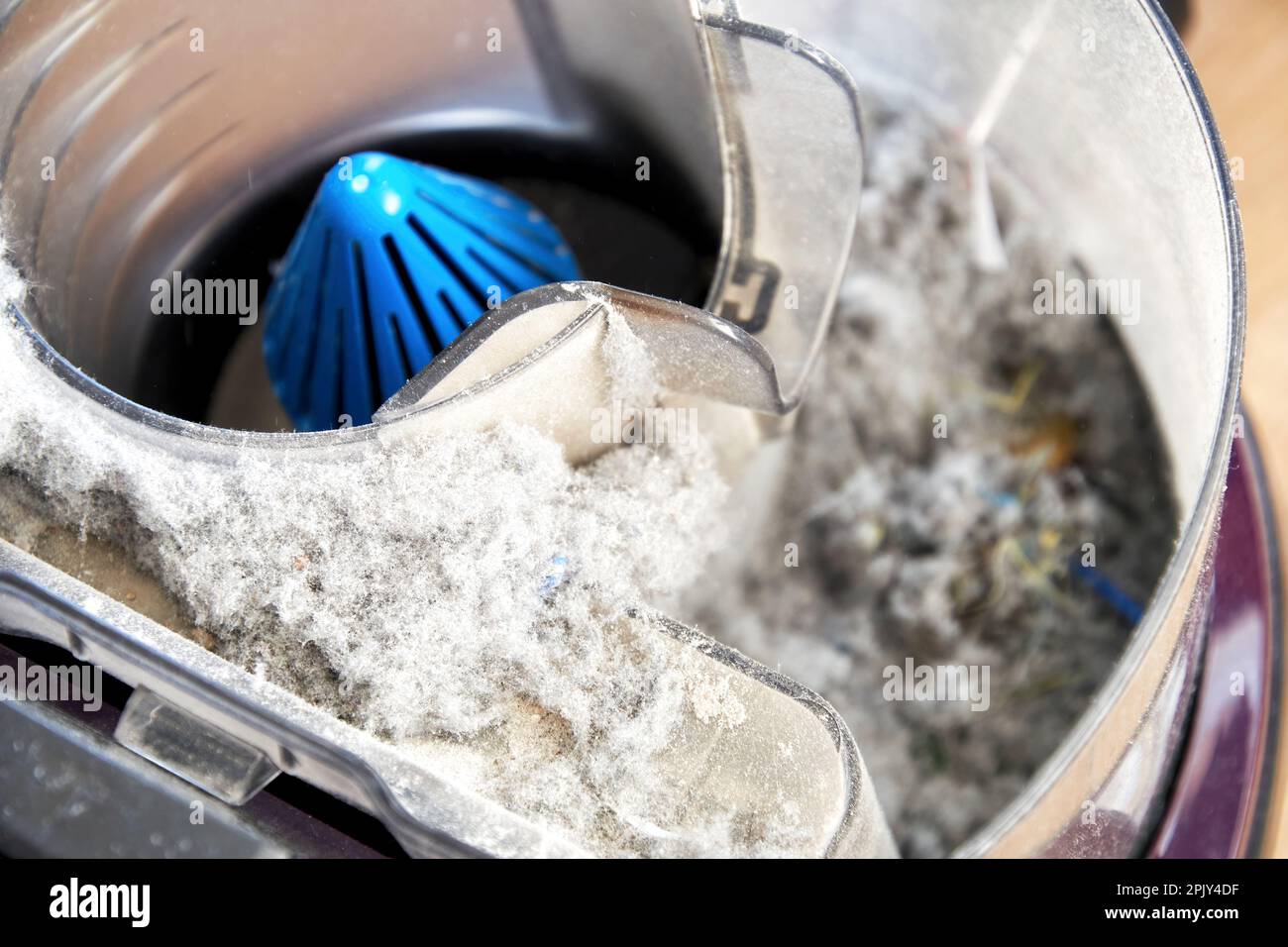 Heap of dirty dust and broken filter in vacuum cleaner container