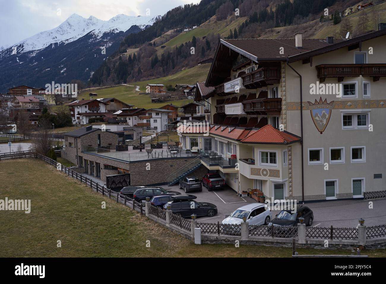 Neustift im Stubaital, Austria - March 16, 2023 - small town centre in an alpine valley at the end of the winter season Stock Photo