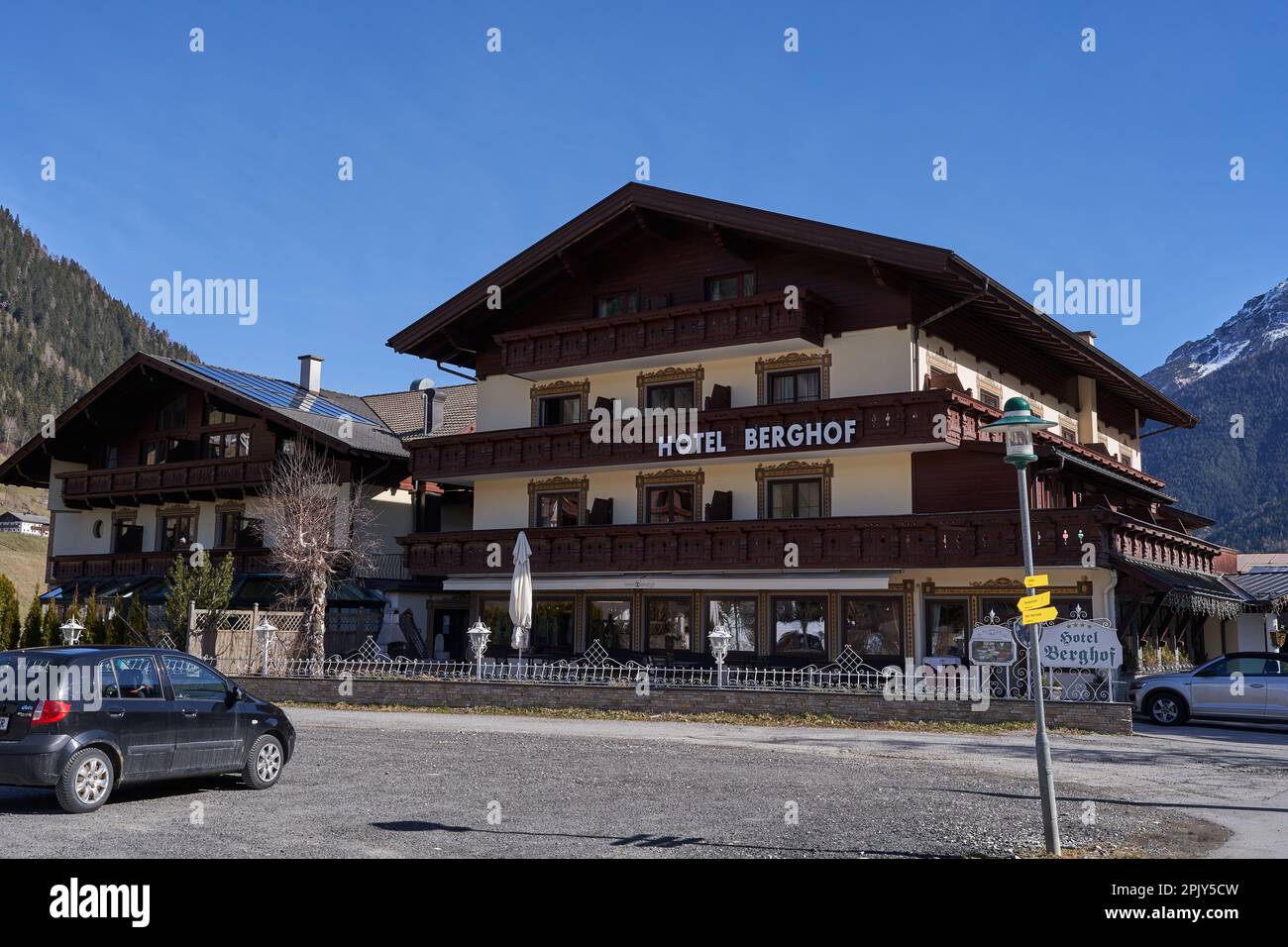 Neustift im Stubaital, Austria - March 16, 2023 - small town centre in an alpine valley at the end of the winter season Stock Photo
