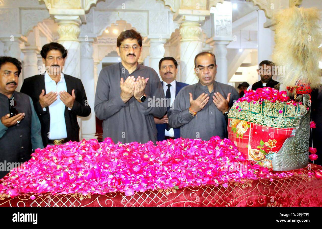 Sindh Chief Minister, Syed Murad Ali Shah showers rose petals and offered Dua at the graves of Zulfiqar Ali Bhutto on the occasion of Death Anniversary of PPP Founder Zulfiqar Ali Bhutto held in Garhi Khuda Bux on Tuesday, April 4, 2023. Stock Photo