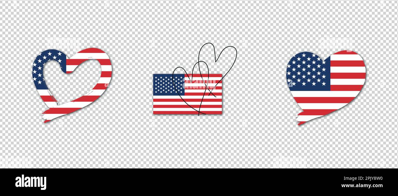 Flag of USA in Heart Shape and Outline Hearts. Creative isolated flag of United States of America Stock Vector