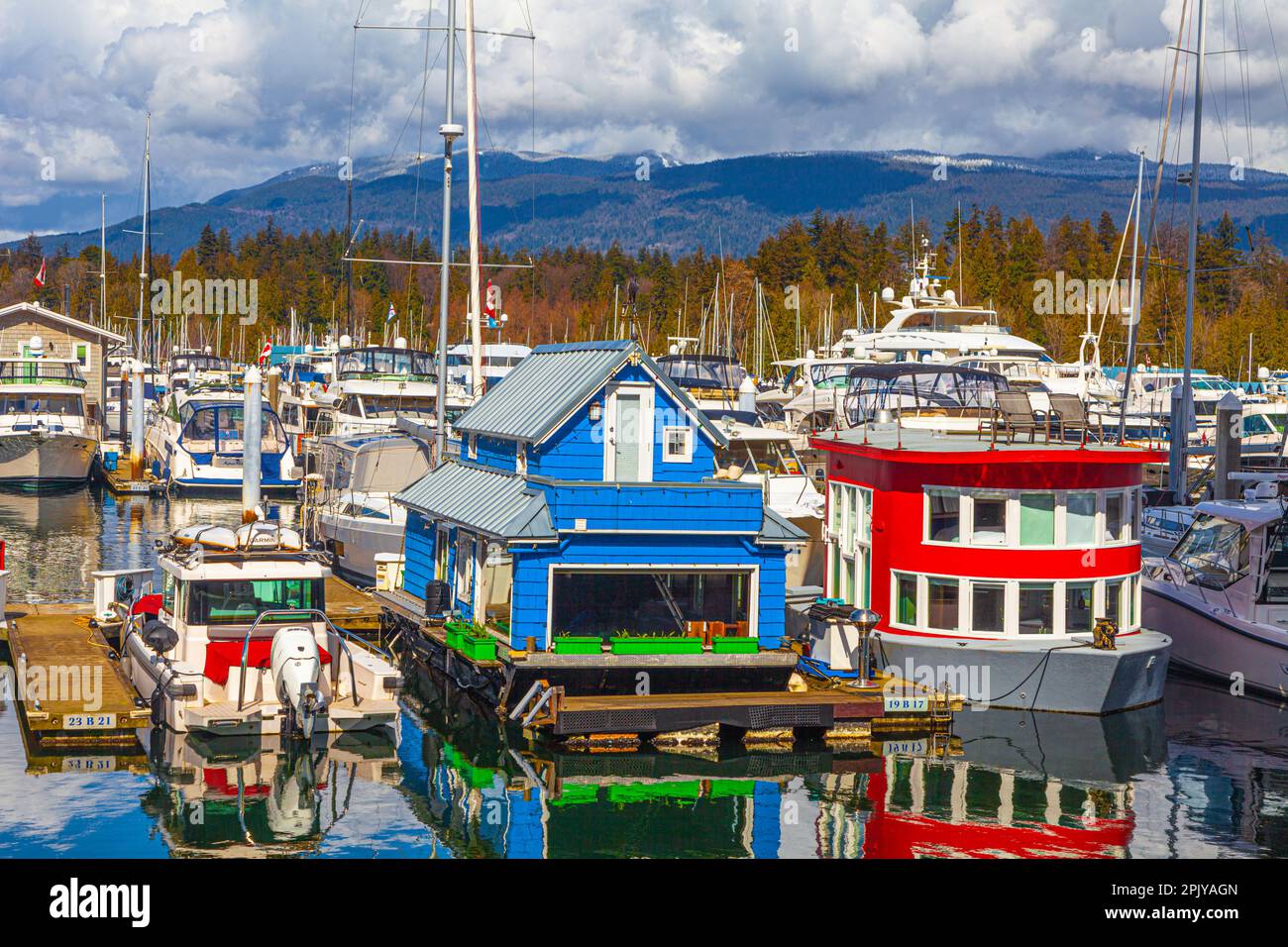 Colourful floating homes in a Coal Harbour marina in Vancouver Canada Stock Photo Alamy