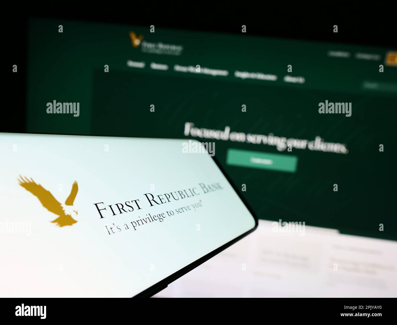 Mobile phone with logo of commercial banking company First Republic