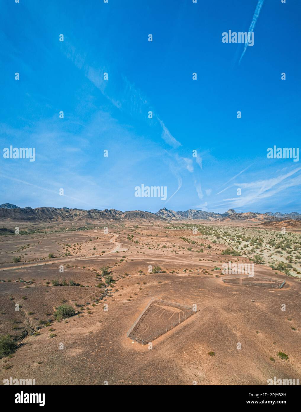 An aerial perspective of the mysterious Native American geoglyph land art at the Blythe Intaglios site in southeastern California. Stock Photo