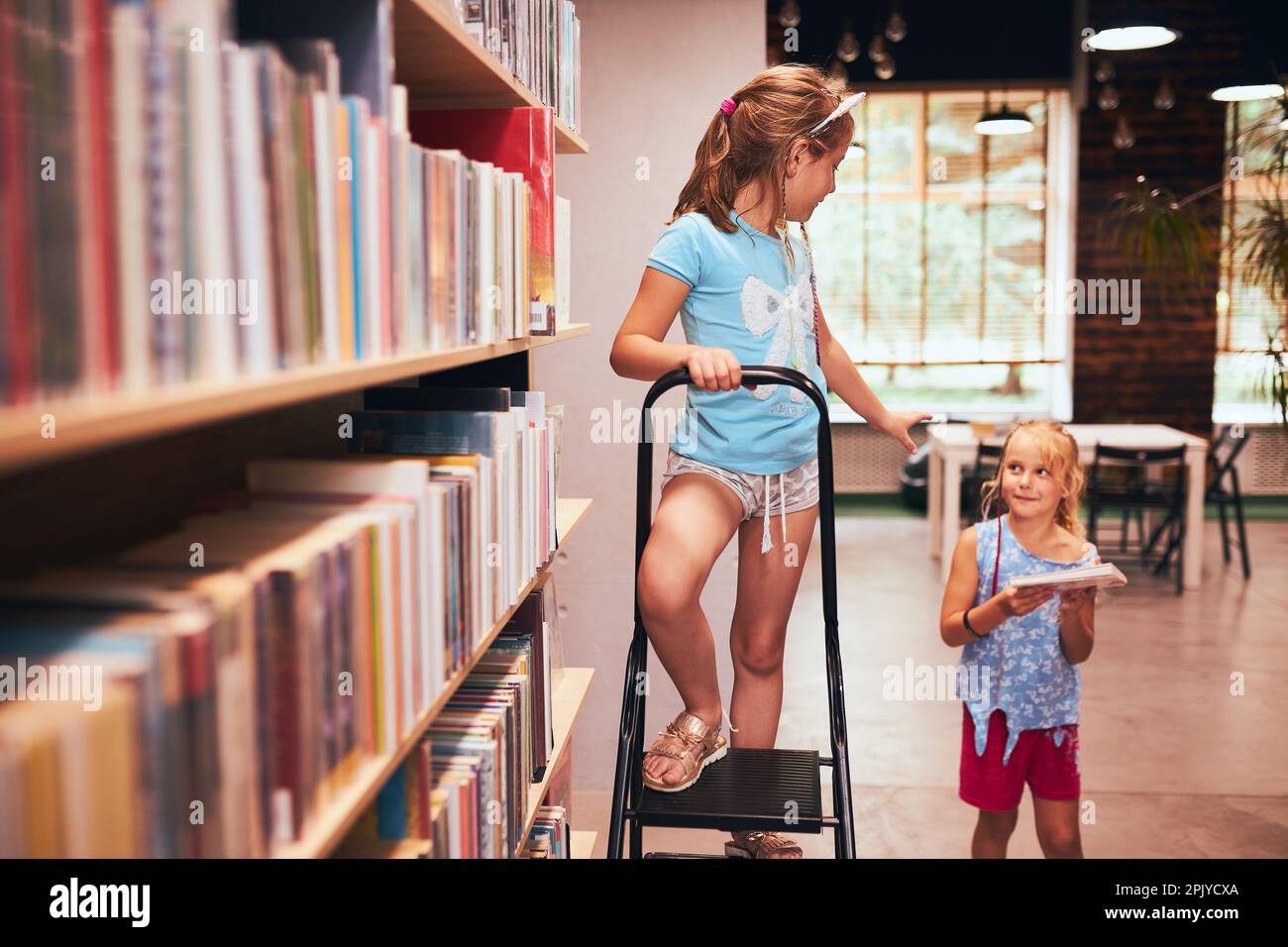 Two schoolgirls spending time in school library. Primary school students learning from books. Children having fun in school club. Back to school. Doin Stock Photo