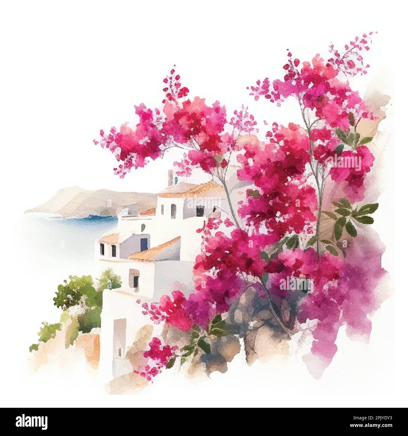 Watercolor Santorini Island landscape. Greece summer island landscape. Santorini hand drawn square vector background. Picturesque sketch. Ideal for Stock Vector