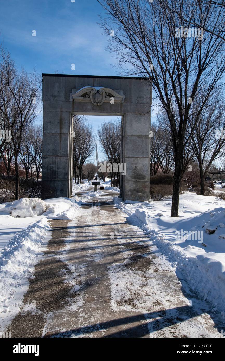Arch entrance to the park at The Forks in Winnipeg, Manitoba, Canada Stock Photo