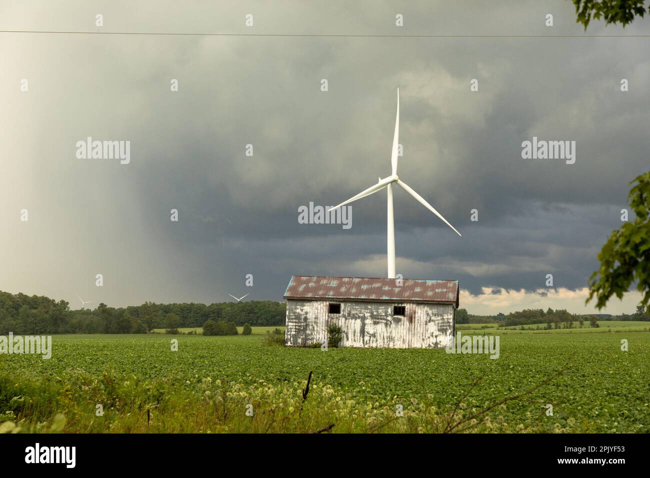 A wind turbine is seen behind a derelict farm building in rural Ontario