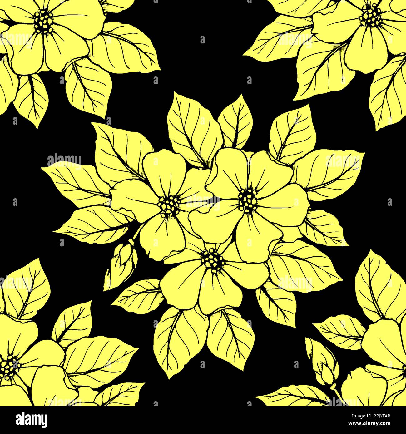 seamless contour pattern of large yellow flowers on a black background ...