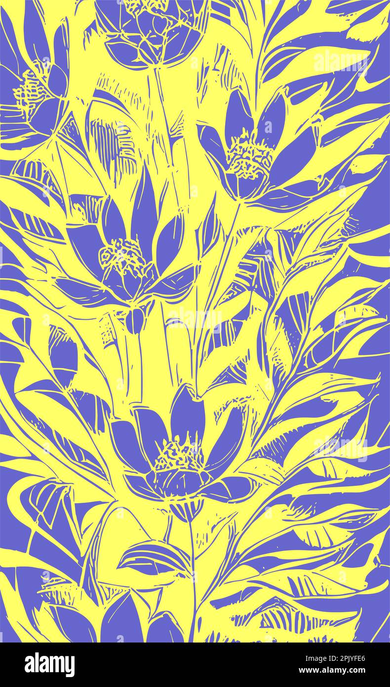 blue graphic drawing of a bouquet of flowers on a yellow background, Ukrainian theme, graphics Stock Photo
