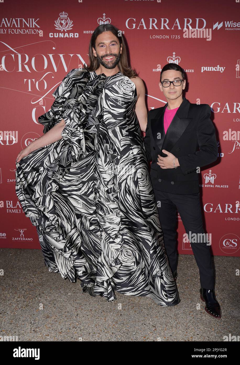 Jonathan Van Ness and Christian Siriano arriving for the launch of the Crown to Couture fashion exhibition at Kensington Palace Pavilion, Kensington Gardens in London. Picture date: Tuesday April 4, 2023. Stock Photo