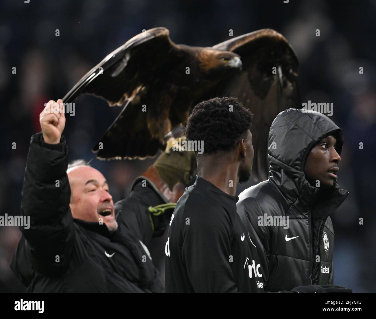 04 April 2023, Hesse, Frankfurt/Main: Soccer: DFB Cup, Eintracht Frankfurt - 1. FC Union Berlin, quarterfinal, Deutsche Bank Park. Falconer Norbert Lawitschka (l) is happy after the game with mascot golden eagle Attila next to Frankfurt's players Faride Alidou (l) and Randal Kolo Muani. Photo: Arne Dedert/dpa - IMPORTANT NOTE: In accordance with the requirements of the DFL Deutsche Fußball Liga and the DFB Deutscher Fußball-Bund, it is prohibited to use or have used photographs taken in the stadium and/or of the match in the form of sequence pictures and/or video-like photo series. Stock Photo