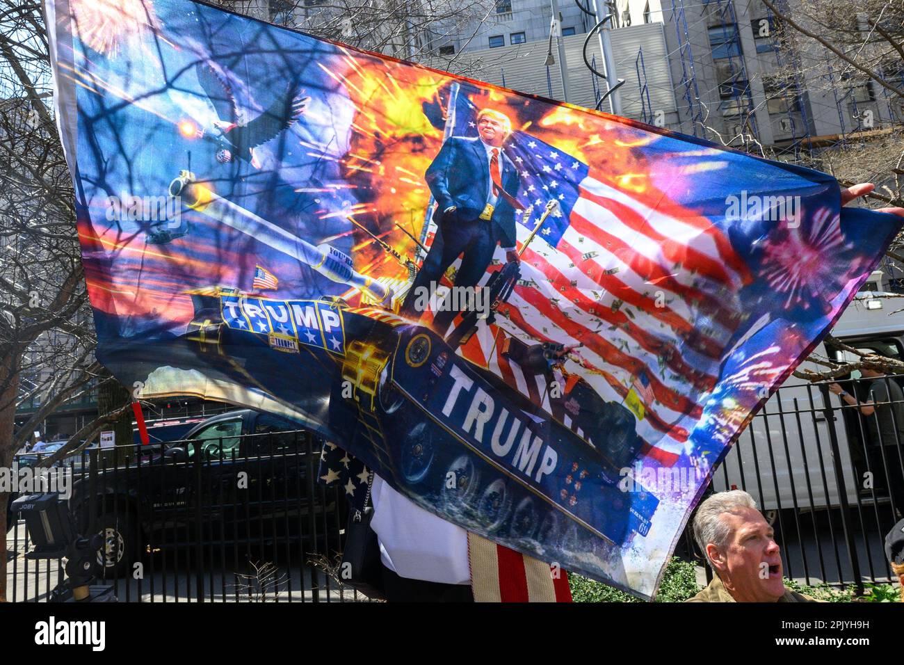 New York, USA. 4th Apr, 2023. Supporters of former US President Donald Trump demonstrate outside the New York Criminal Court as they await Trump's arrival. Donald Trump became the first former US president to be indicted by a grand jury and surrendered to the authorities to face criminal charges. Credit: Enrique Shore/Alamy Live News Stock Photo