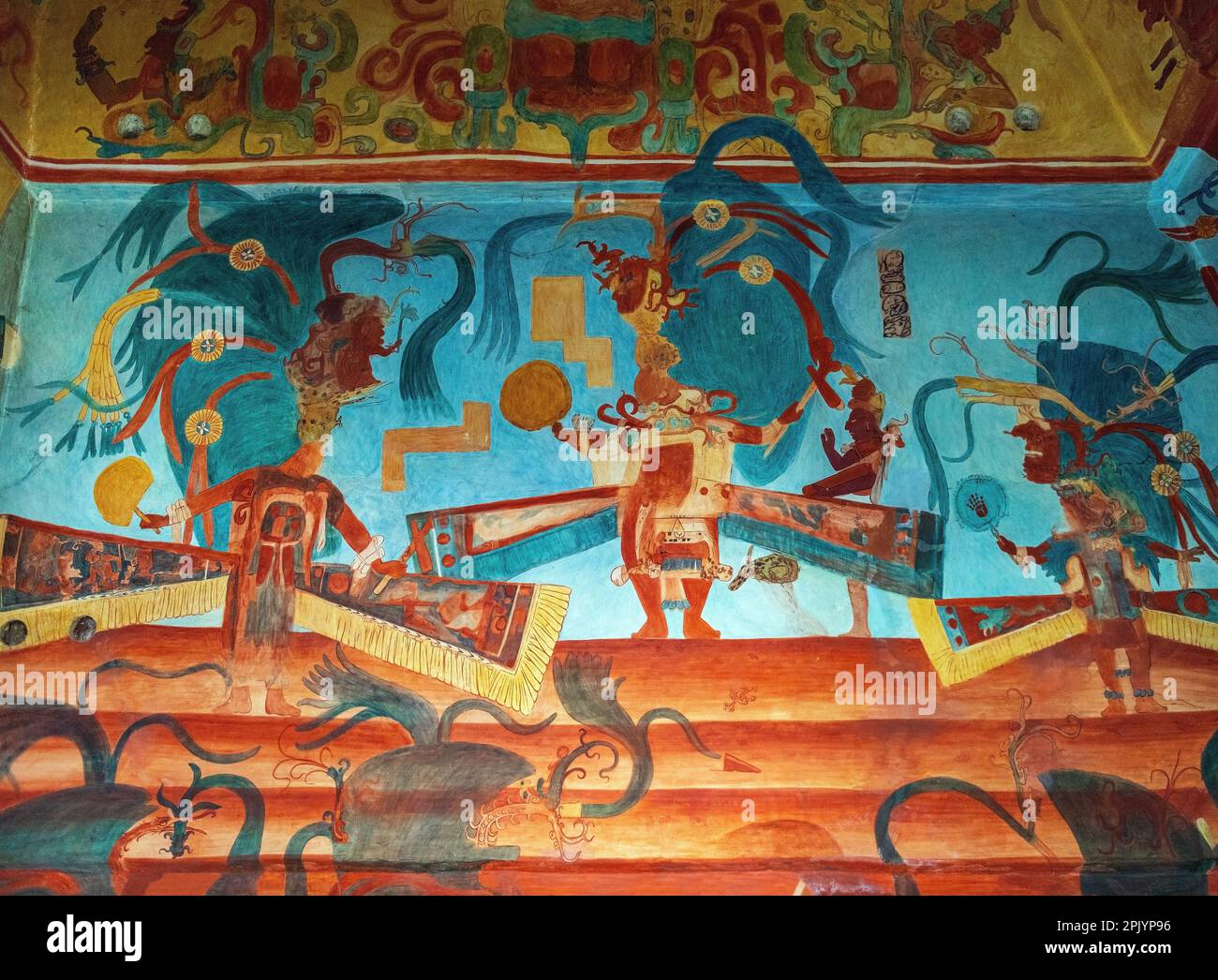 Mayan fresco mural painting in room 3 of the temple of murals in the Maya city of Bonampak, Chiapas, Mexico. Stock Photo