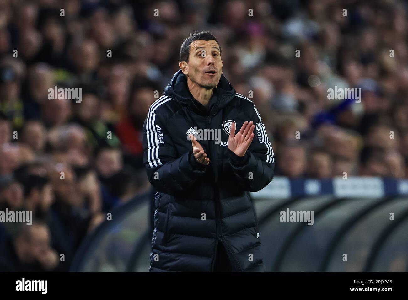 Javi Gracia Manager of Leeds United applauds his team during the