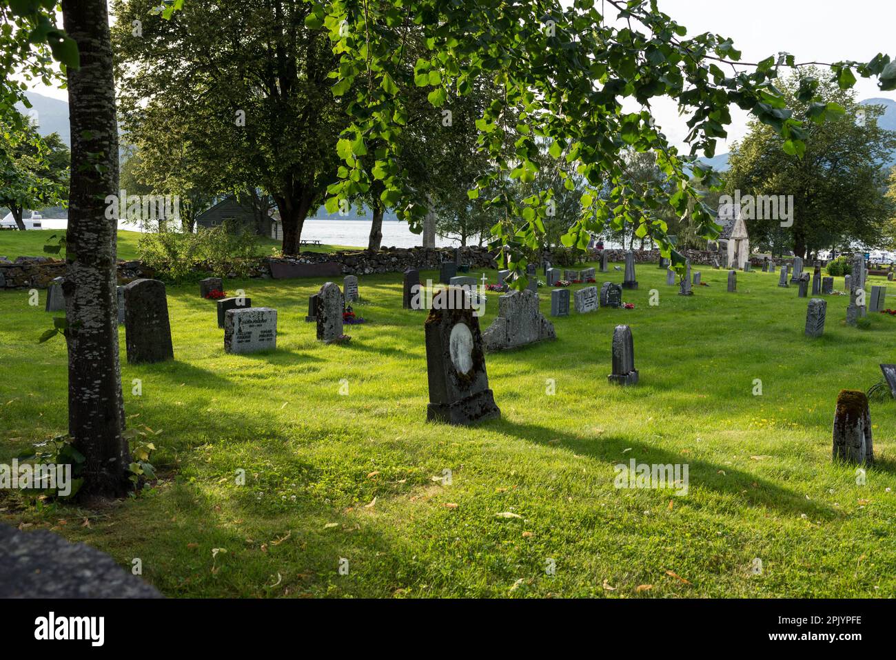 Photo of a graveyard in Kinsarvik, Norway on a sunny summer evening, some tree branches over grave stones and sun is making long shadows. Stock Photo