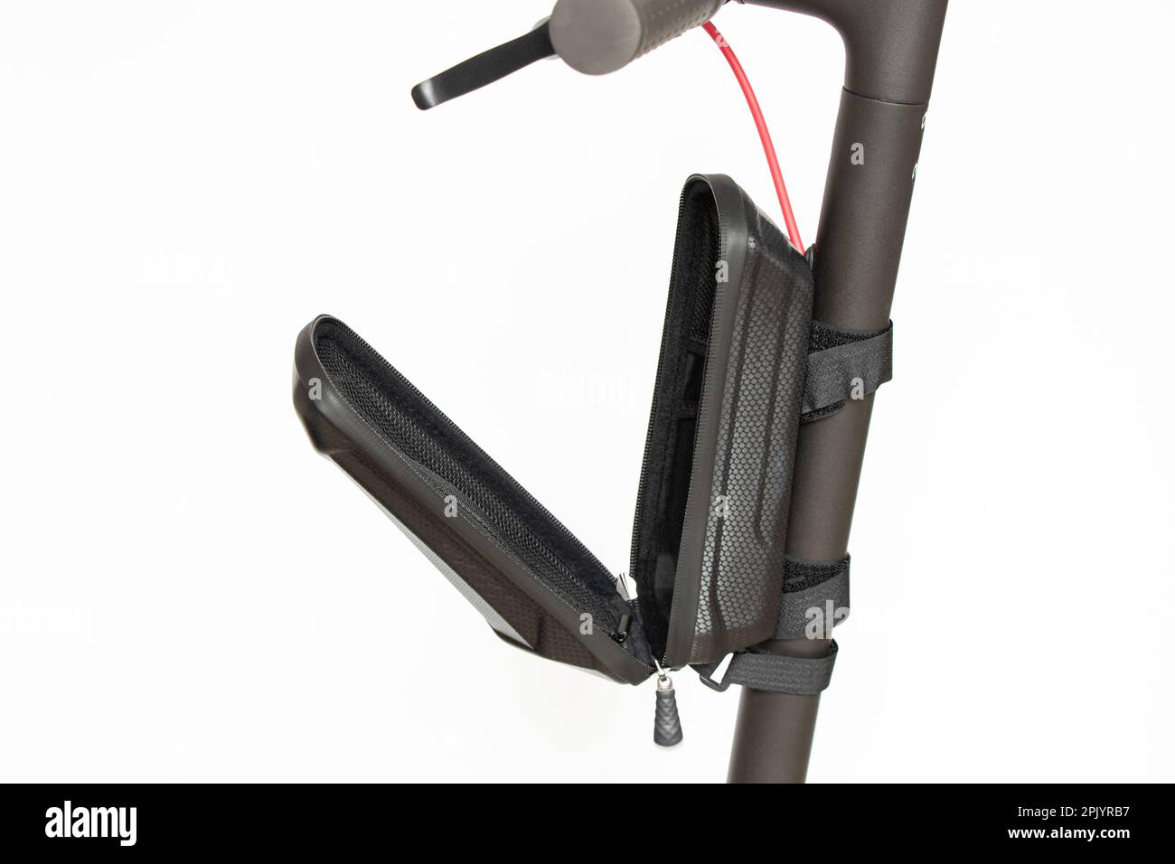 Bag glove box on the frame of an electric scooter on a white background