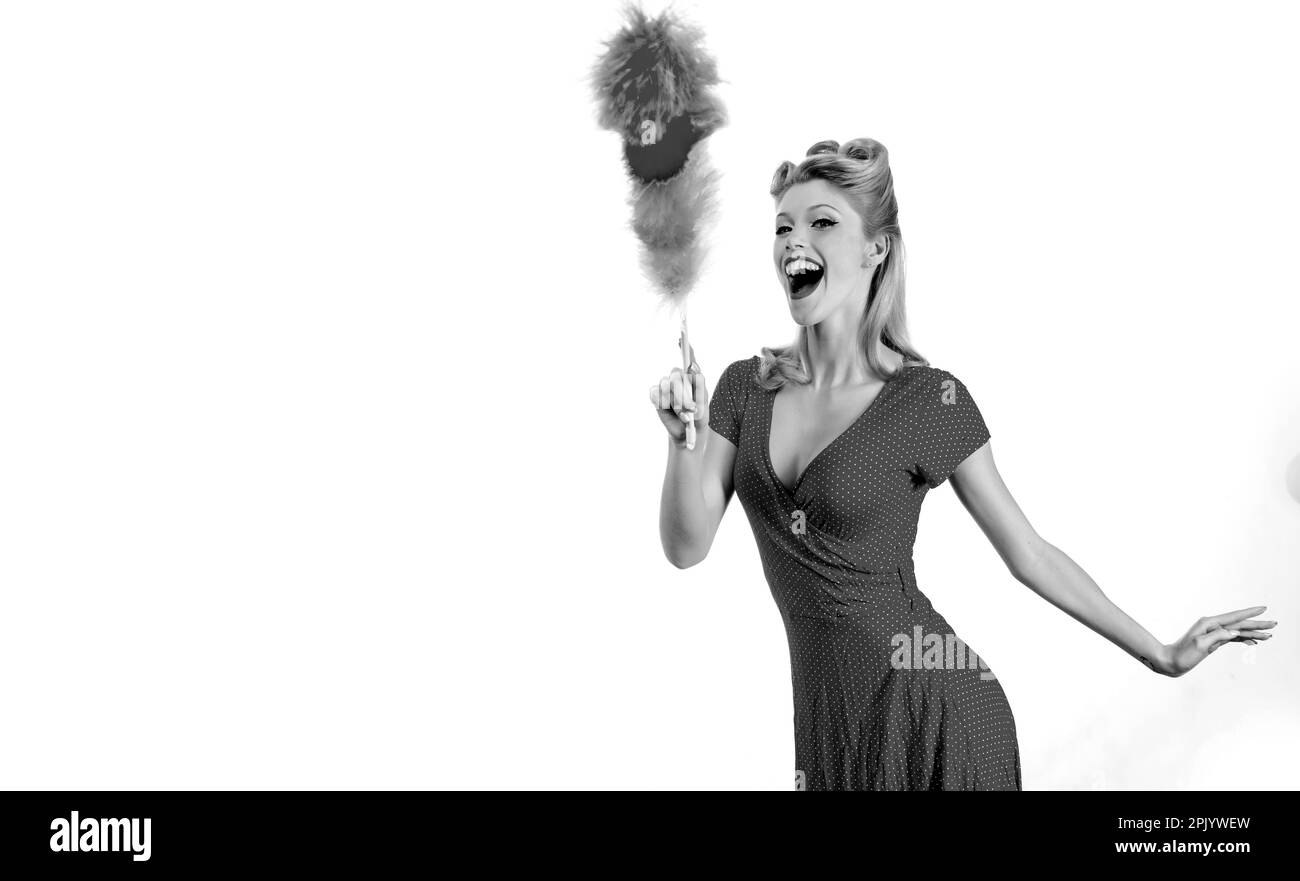 Funny smiling cleaner woman. Isolated over white background. Retro ...