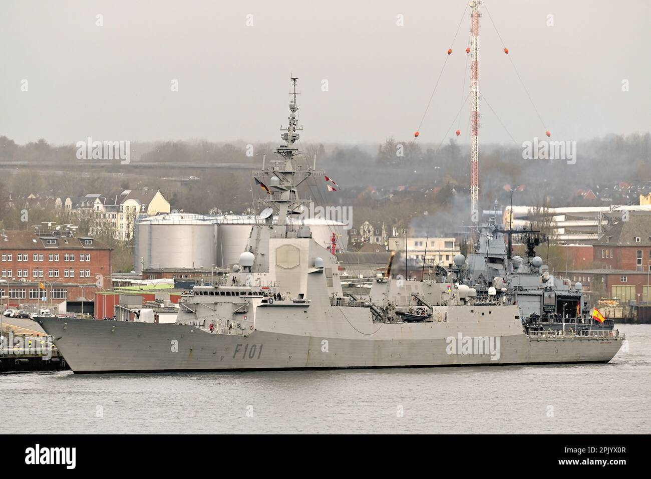 spanish frigate Álvaro de Bazán moored at the Kiel Naval Base Stock Photo