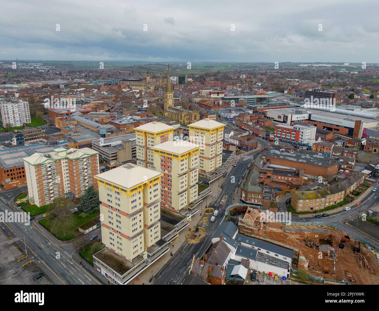 Wakefield city centre. Aerial view of the West Yorkshire city, cathedral and river calder Stock Photo