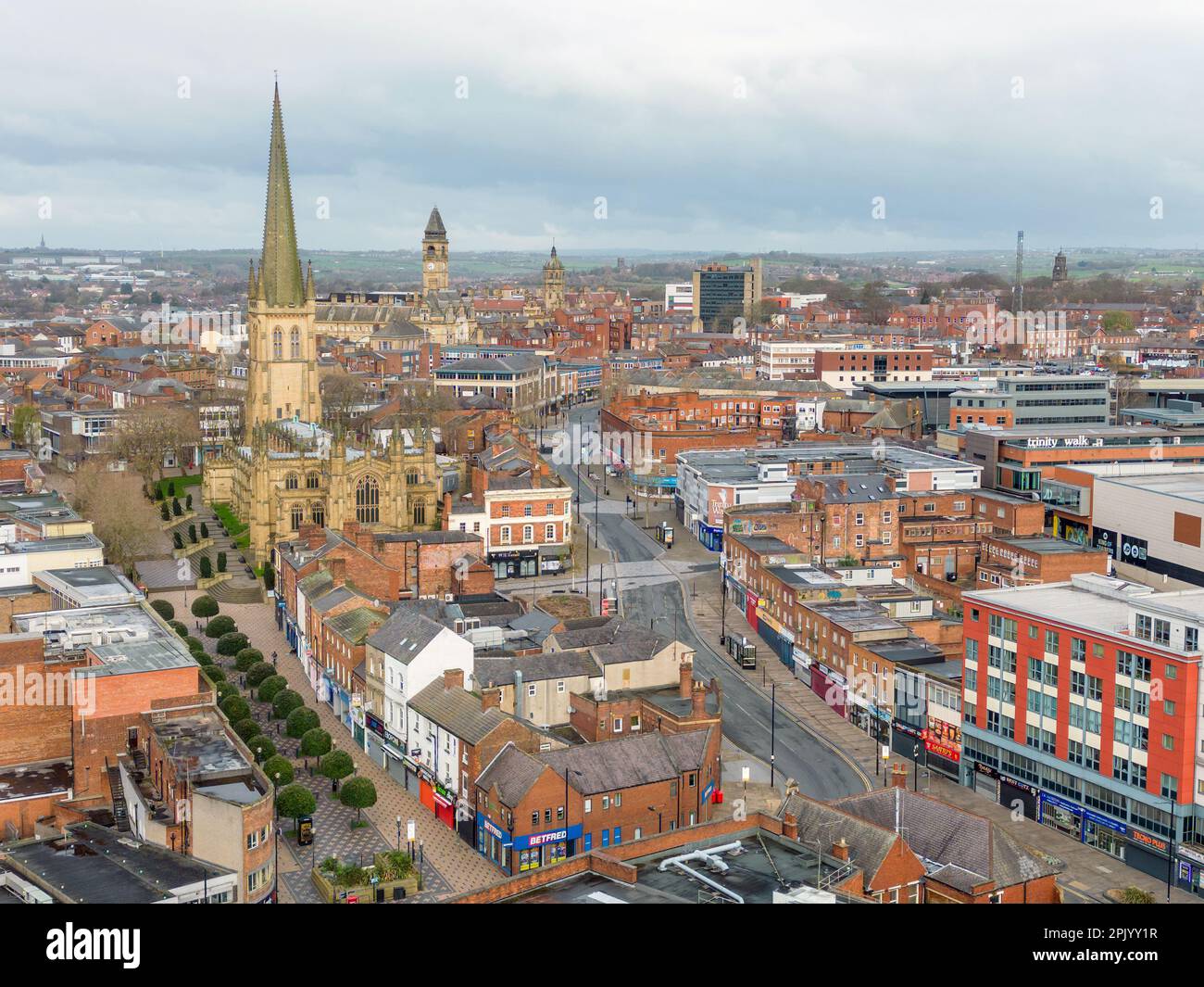 Wakefield city centre. Aerial view of the West Yorkshire city, cathedral and river calder Stock Photo